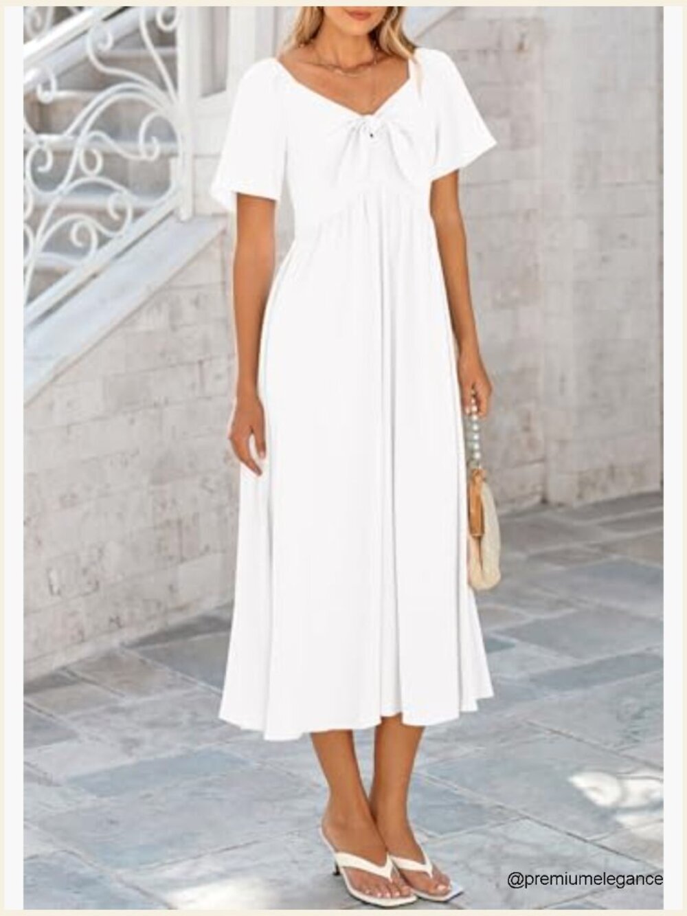 Bow Tie V Neck Ruffle Midi Flowy Dress - Picture 3 of 7